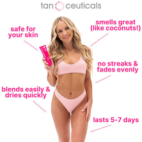 Tanceuticals size scale with hand showing product dimensions and travel-friendly portability