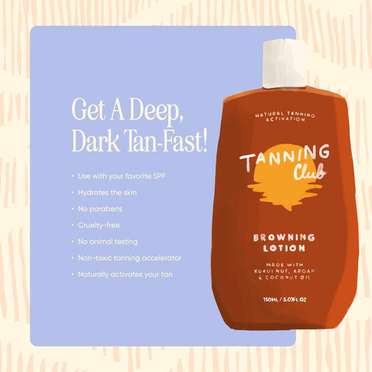 Tanning Club 150 mL bottle beside sunglasses showing travel-friendly size