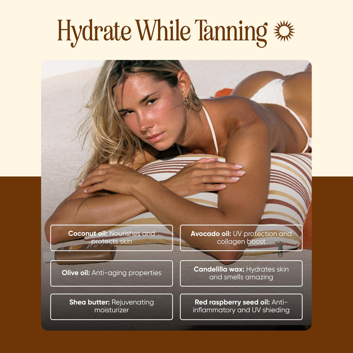 Tanning Club bottle label close-up showing botanical formula details