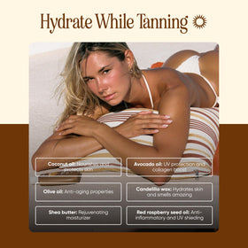 Tanning Club bottle label close-up showing botanical formula details