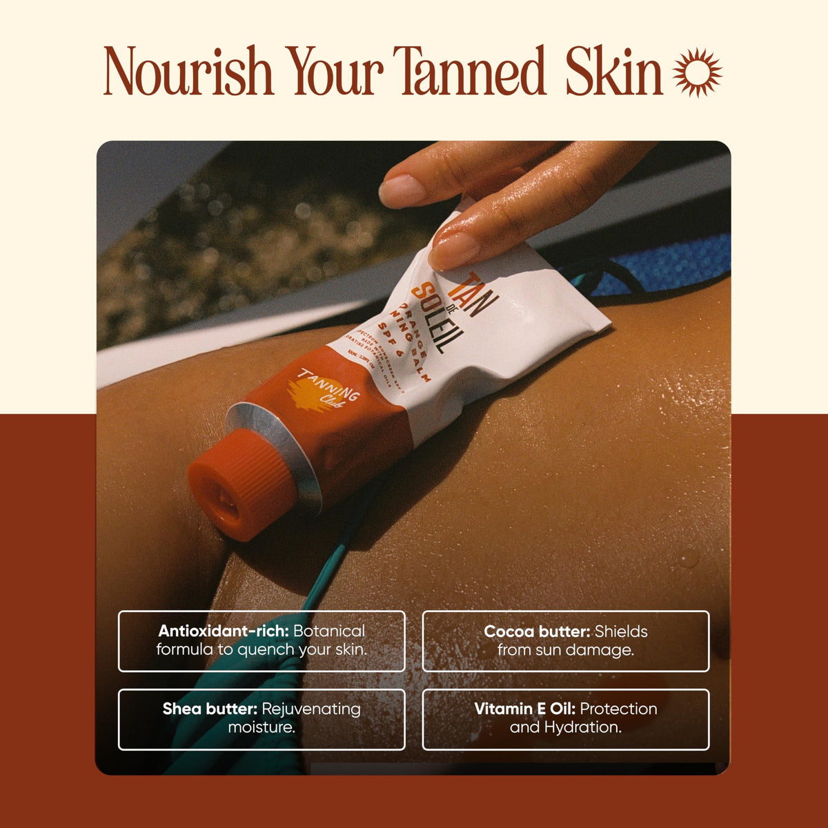 Tanning Club tube next to sunglasses showing travel-friendly size