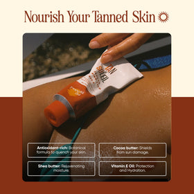 Tanning Club tube next to sunglasses showing travel-friendly size