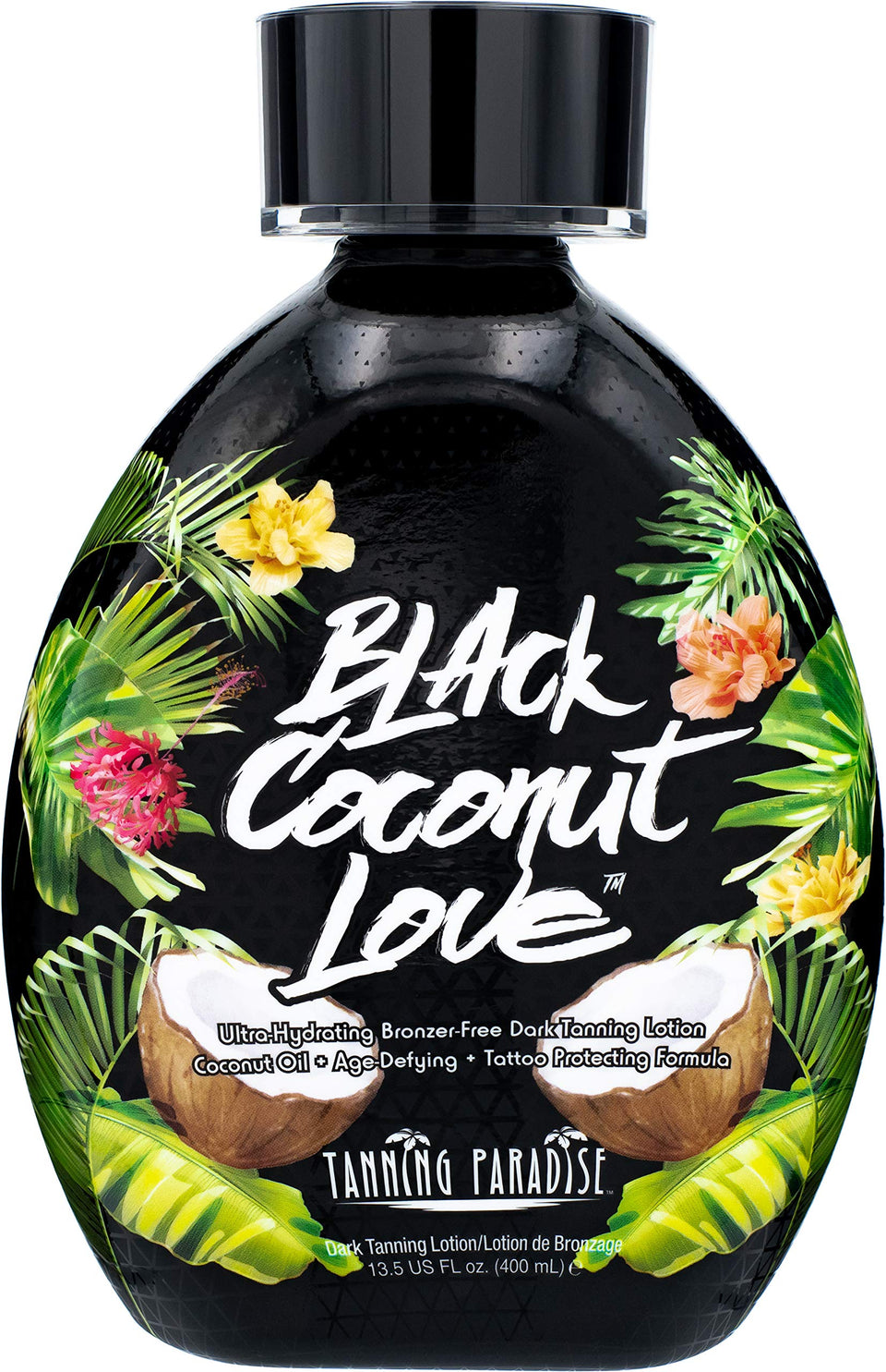 TANNING PARADISE front packaging showing bottle and label, highlights moisturizing benefits