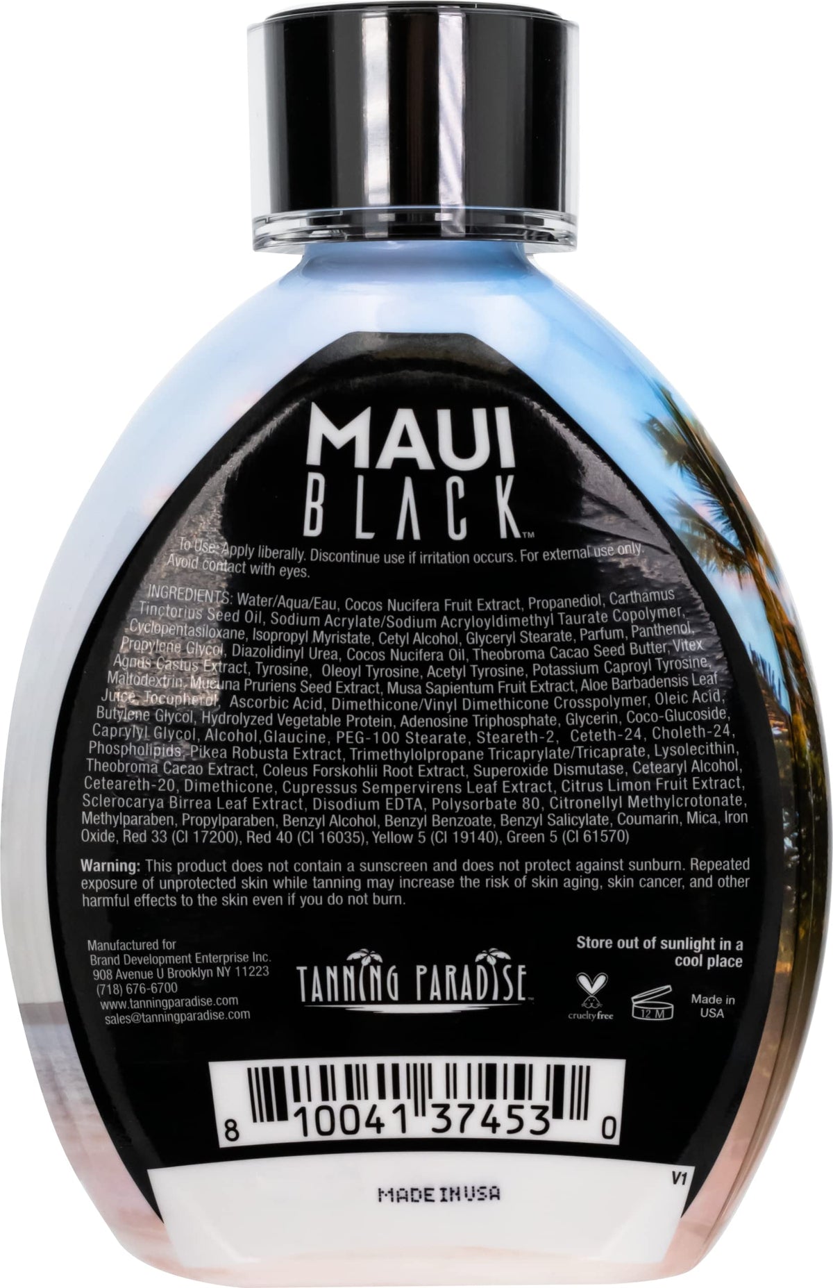 TANNING PARADISE bottle nozzle and lotion texture highlighting smooth application
