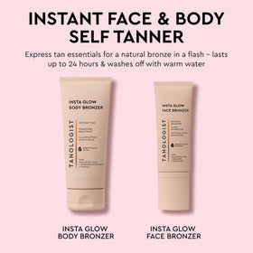 Tanologist in a vanity lifestyle shot showing quick makeup-ready glow benefit