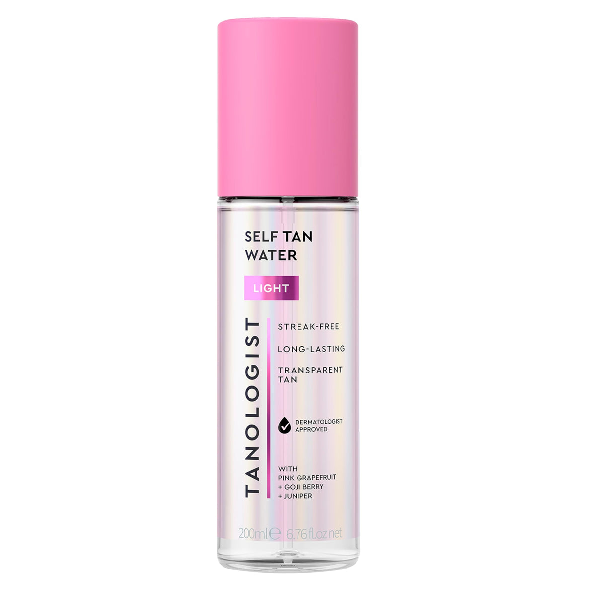 Tanologist front bottle showing clear tanning water and label benefits