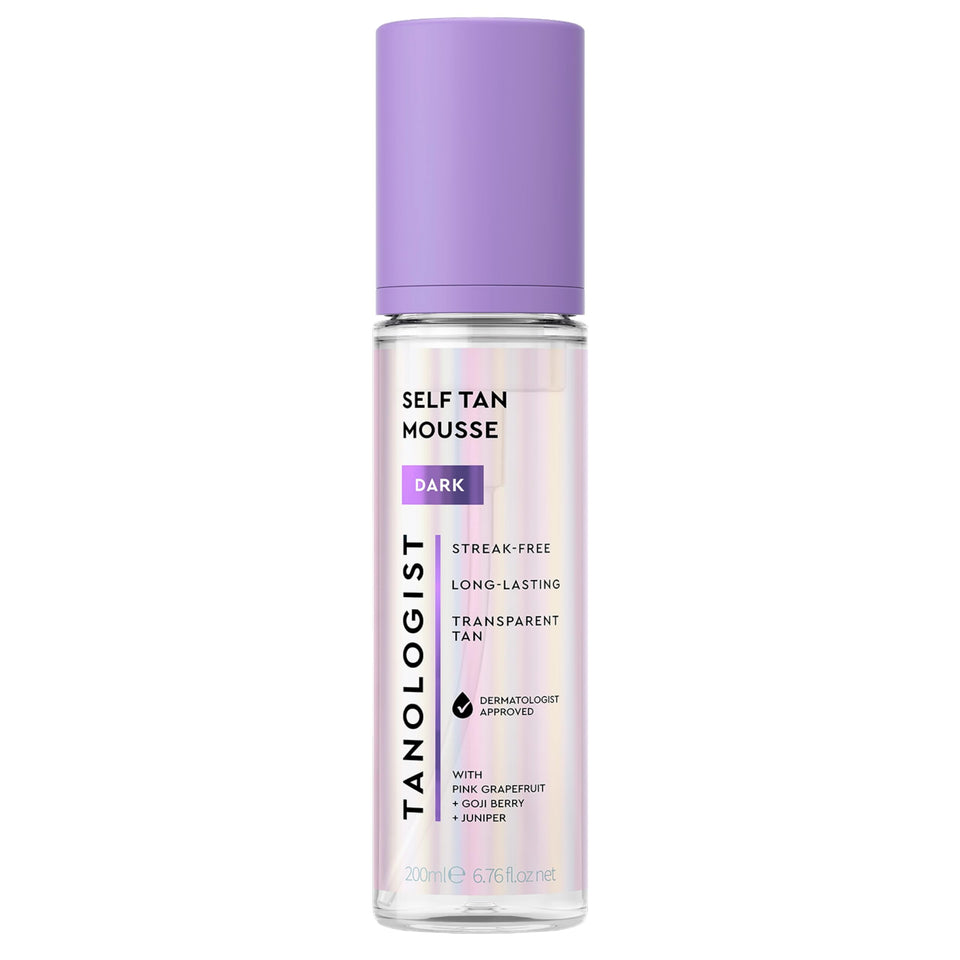 Tanologist dark mousse front bottle showing product and dark shade benefits