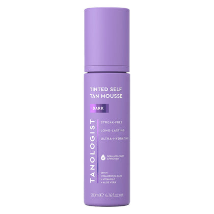 Tanologist bottle front view showing dark self-tan mousse and benefits