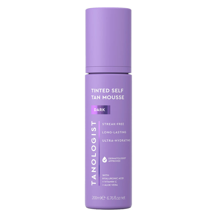 Tanologist bottle front view showing dark self-tan mousse and benefits