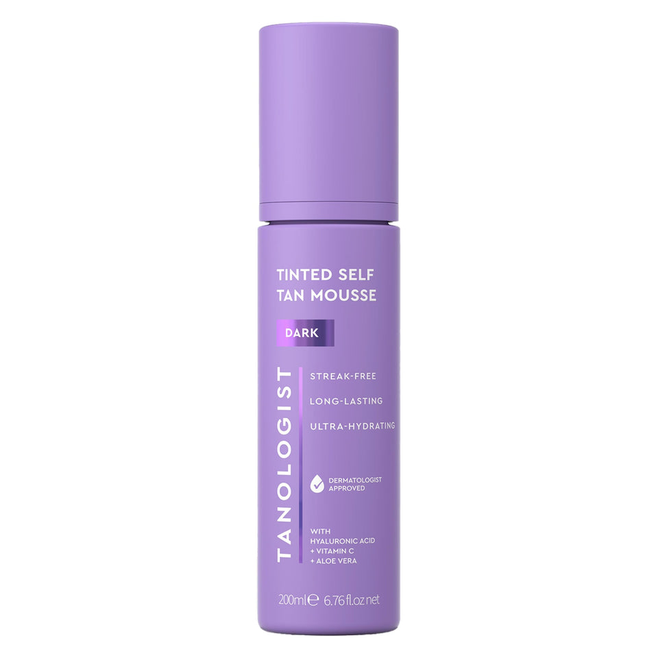 Tanologist bottle front view showing dark self-tan mousse and benefits