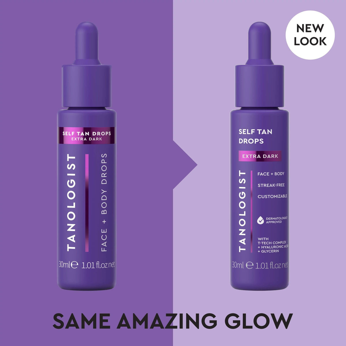 Tanologist dropper with serum texture close-up, showing smooth clear blend