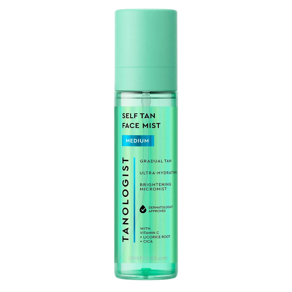 Tanologist face mist front bottle showing medium shade and compact 100 ml size for easy travel