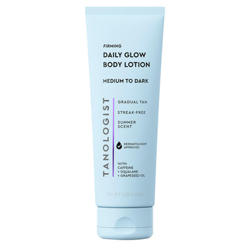 Tanologist bottle front packaging shows clean design and medium/dark shade benefit