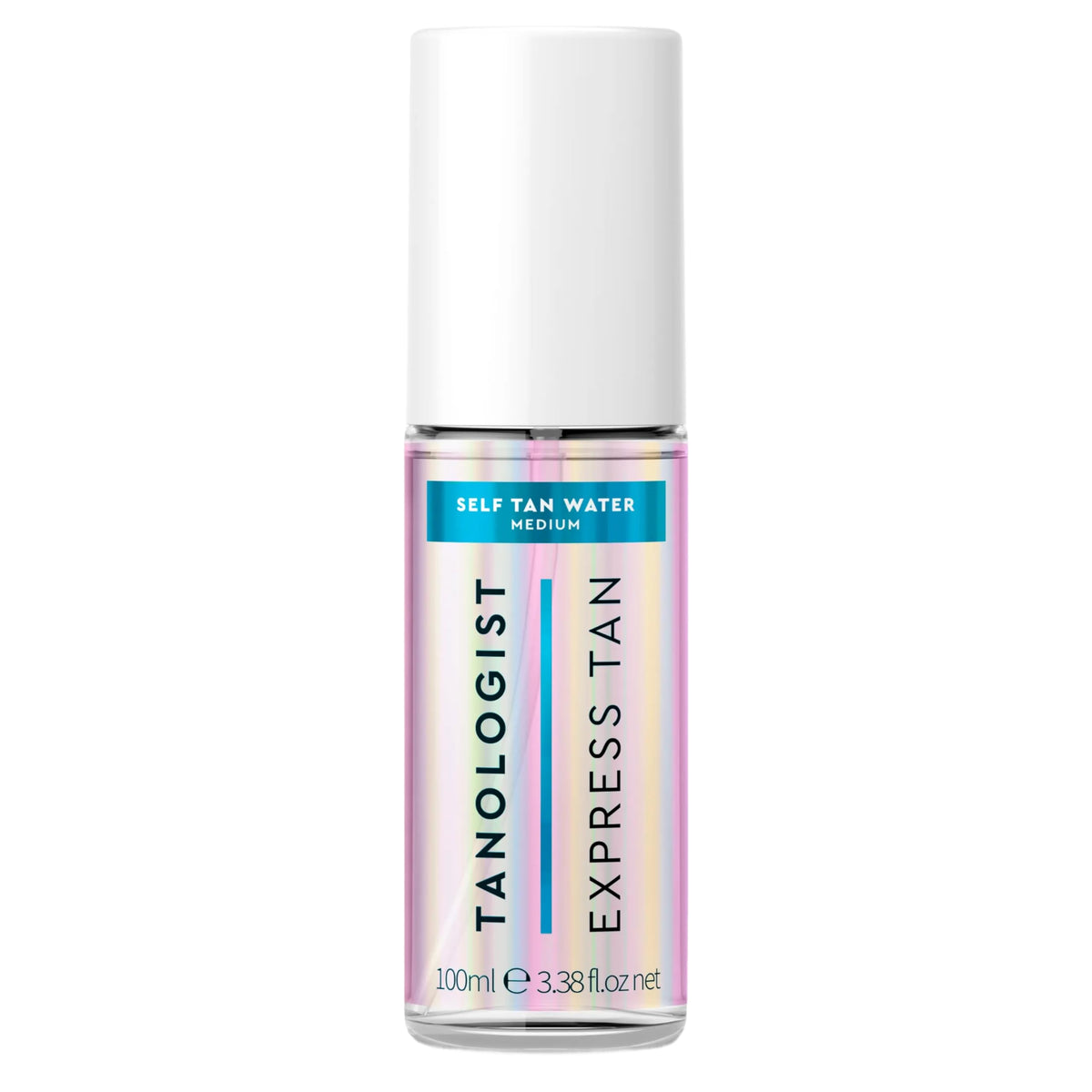 Tanologist front bottle showing clear tanning water and easy spray application benefit