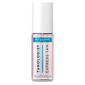 Tanologist front bottle showing clear tanning water and easy spray application benefit