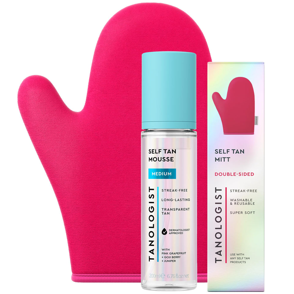 Tanologist front packaging showing medium mousse and mitt for easy application