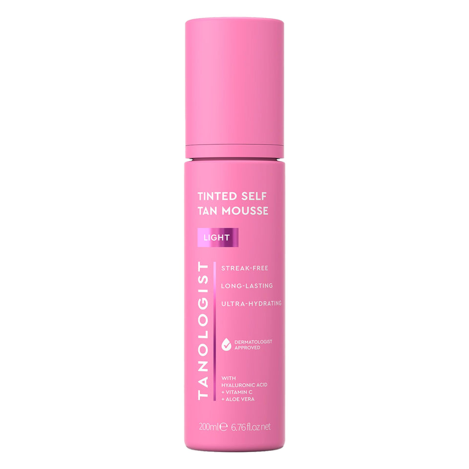 Tanologist light mousse front bottle showing packaging and quick-absorbing benefit