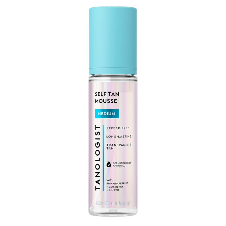 Tanologist front bottle showing medium self tan mousse and packaging benefit