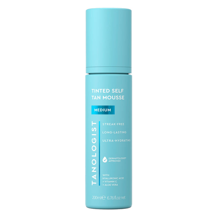 Tanologist medium mousse front bottle showing packaging and quick-apply benefit