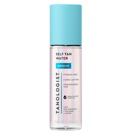 Tanologist front bottle showing clear medium tanning water and label benefits