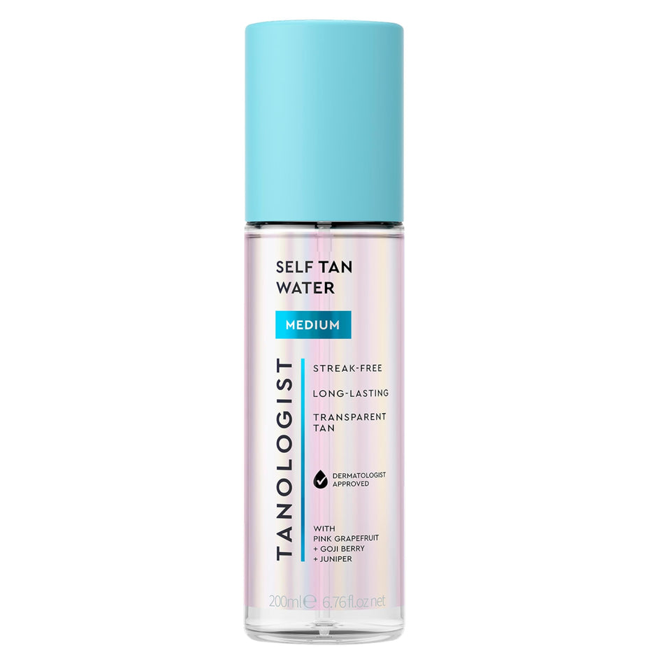 Tanologist front bottle showing clear medium tanning water and label benefits