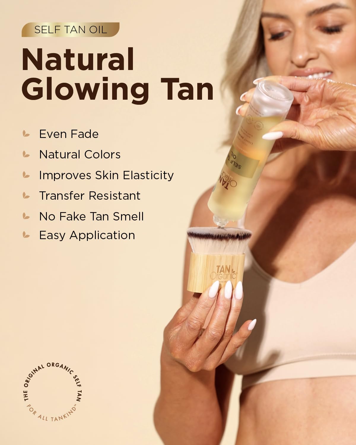 TanOrganic oil texture close-up demonstrating lightweight absorbent finish