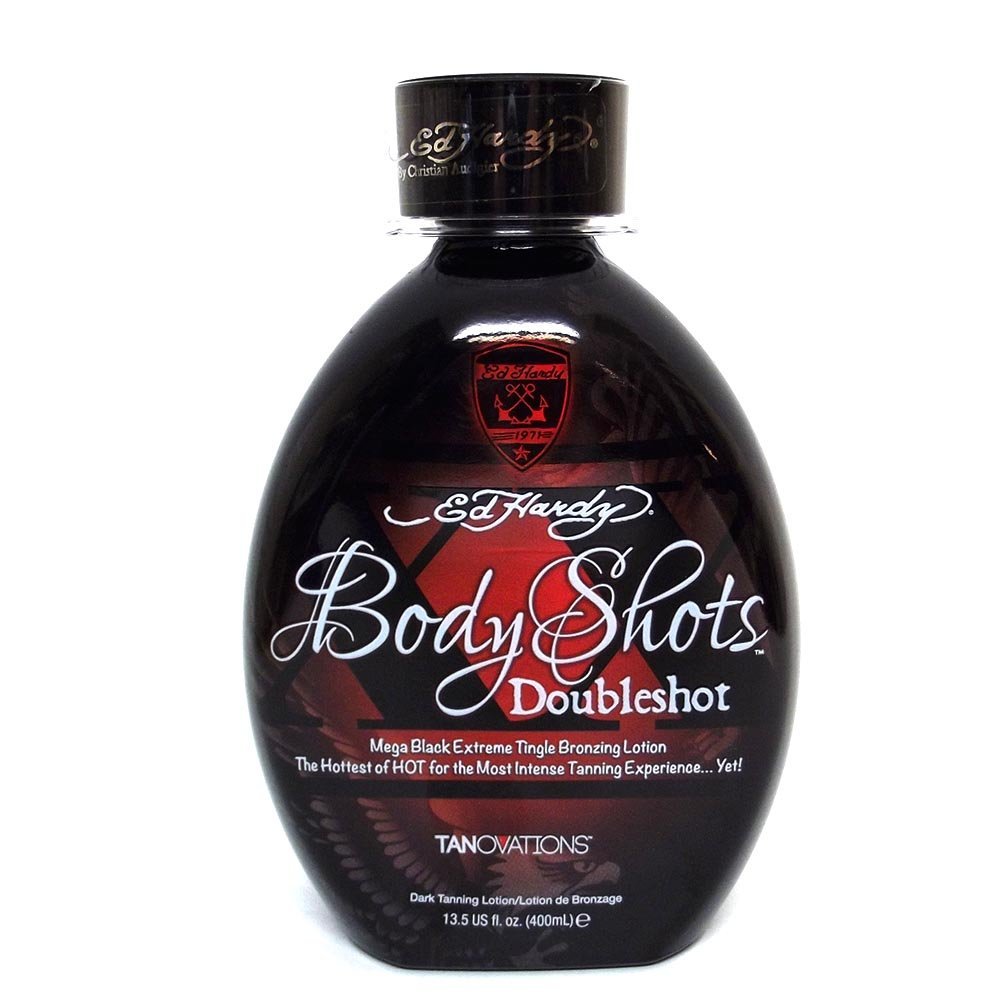 Tanovations Ed Hardy front bottle view showing label and bold bronzer benefits