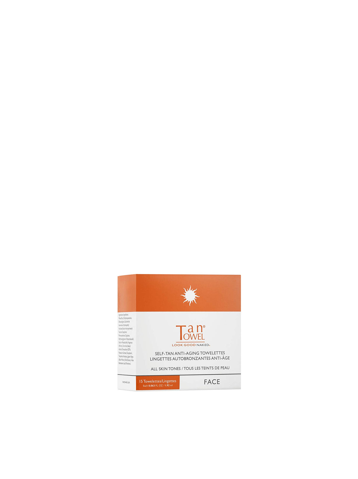 TanTowel pack front view showing 15 wipes and clear formula benefit