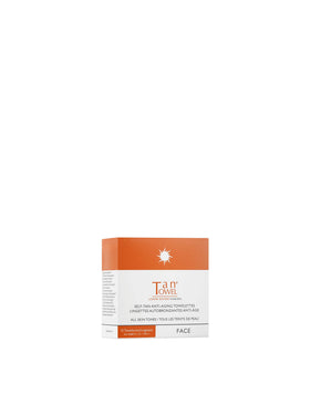 TanTowel pack front view showing 15 wipes and clear formula benefit