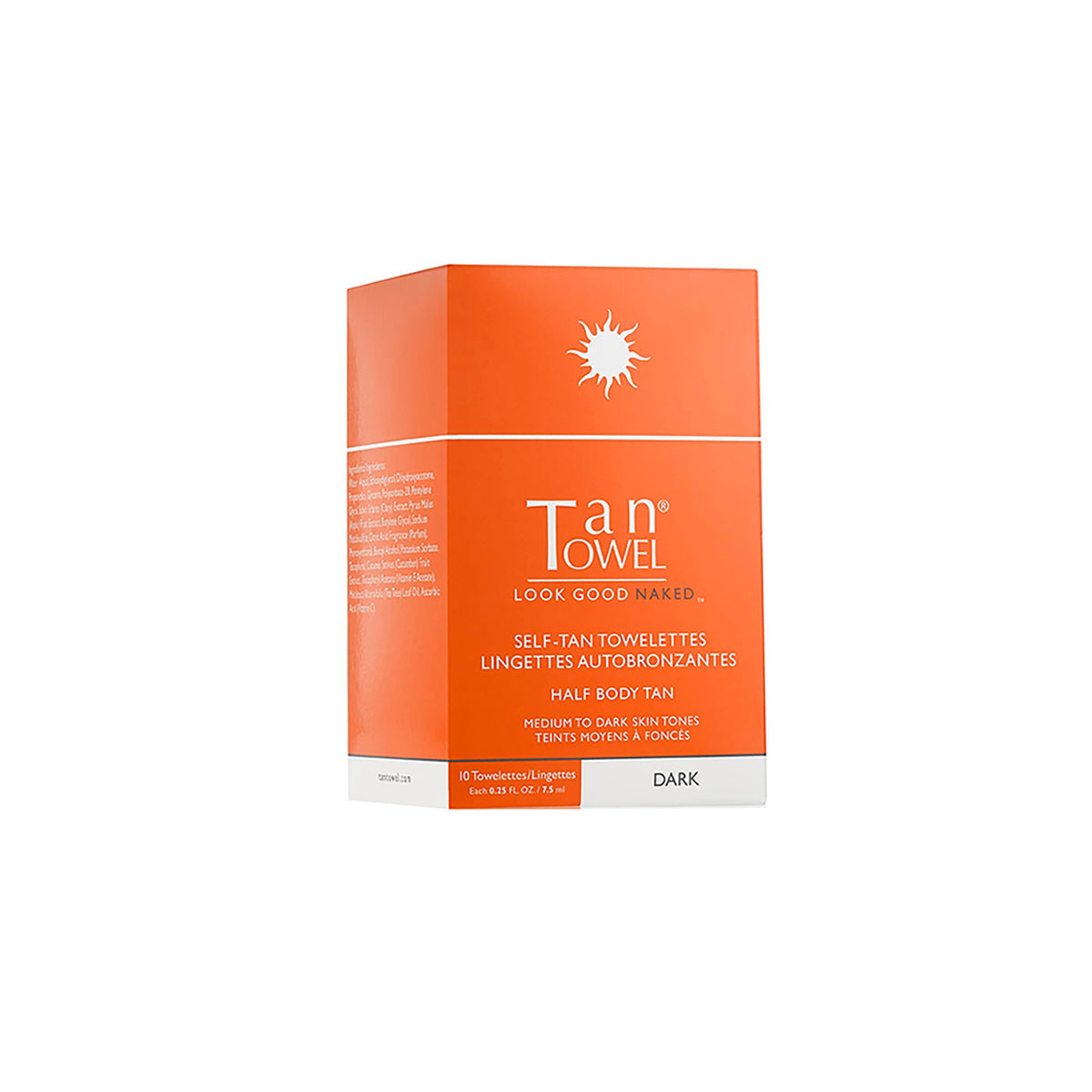 TanTowel front packaging showing 10-pack dark towelettes for effortless tanning
