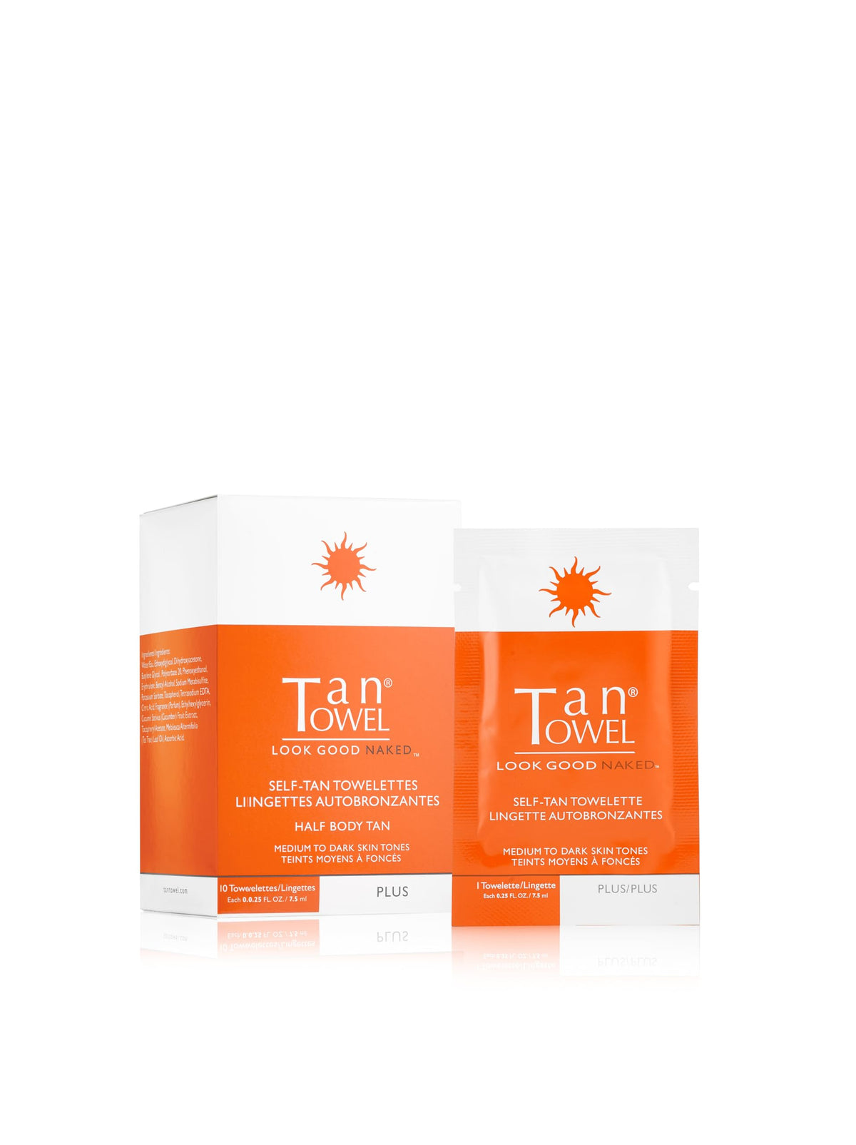 TanTowel half body pack front showing 10-count and clear formula benefits