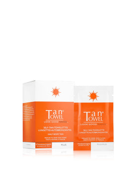 TanTowel half body pack front showing 10-count and clear formula benefits