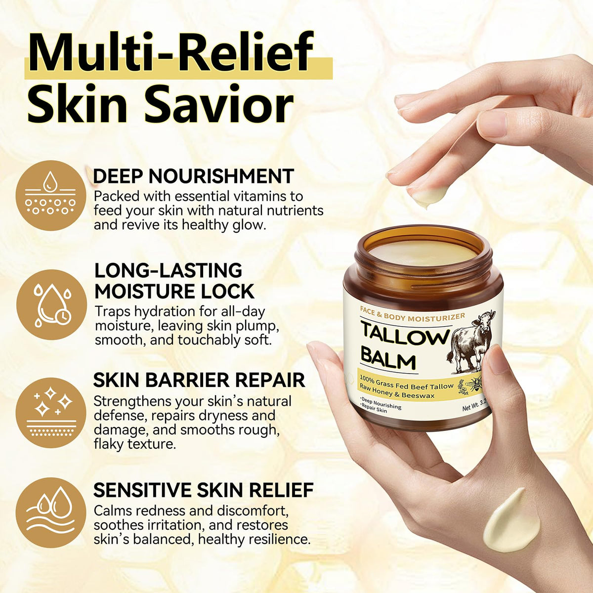 Taoscare balm on fingertips demonstrating easy application and absorption