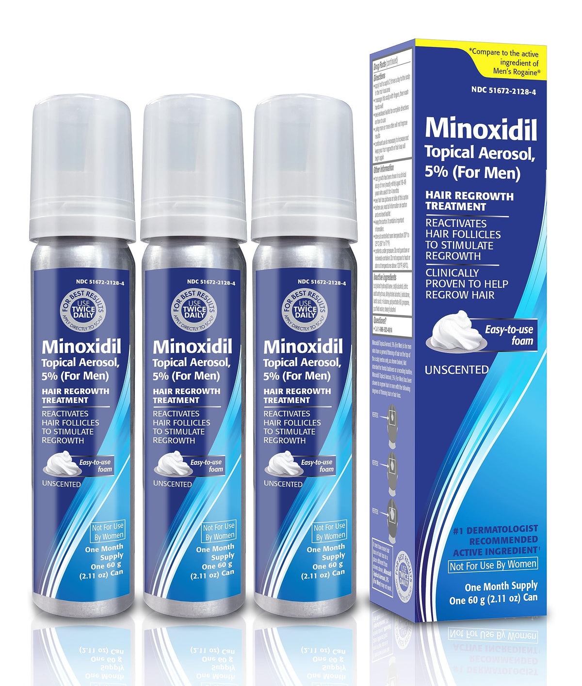 TARO front packaging of 5% minoxidil foam showing three cans and treatment duration