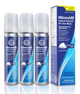 TARO front packaging of 5% minoxidil foam showing three cans and treatment duration
