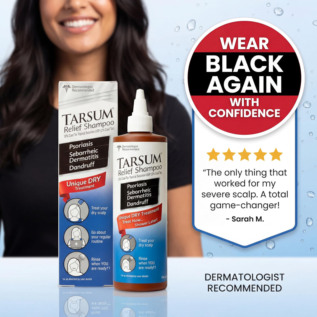 Close-up of Tarsum ingredients label highlighting 10% LCD coal tar and exfoliant benefit