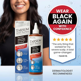 Close-up of Tarsum ingredients label highlighting 10% LCD coal tar and exfoliant benefit
