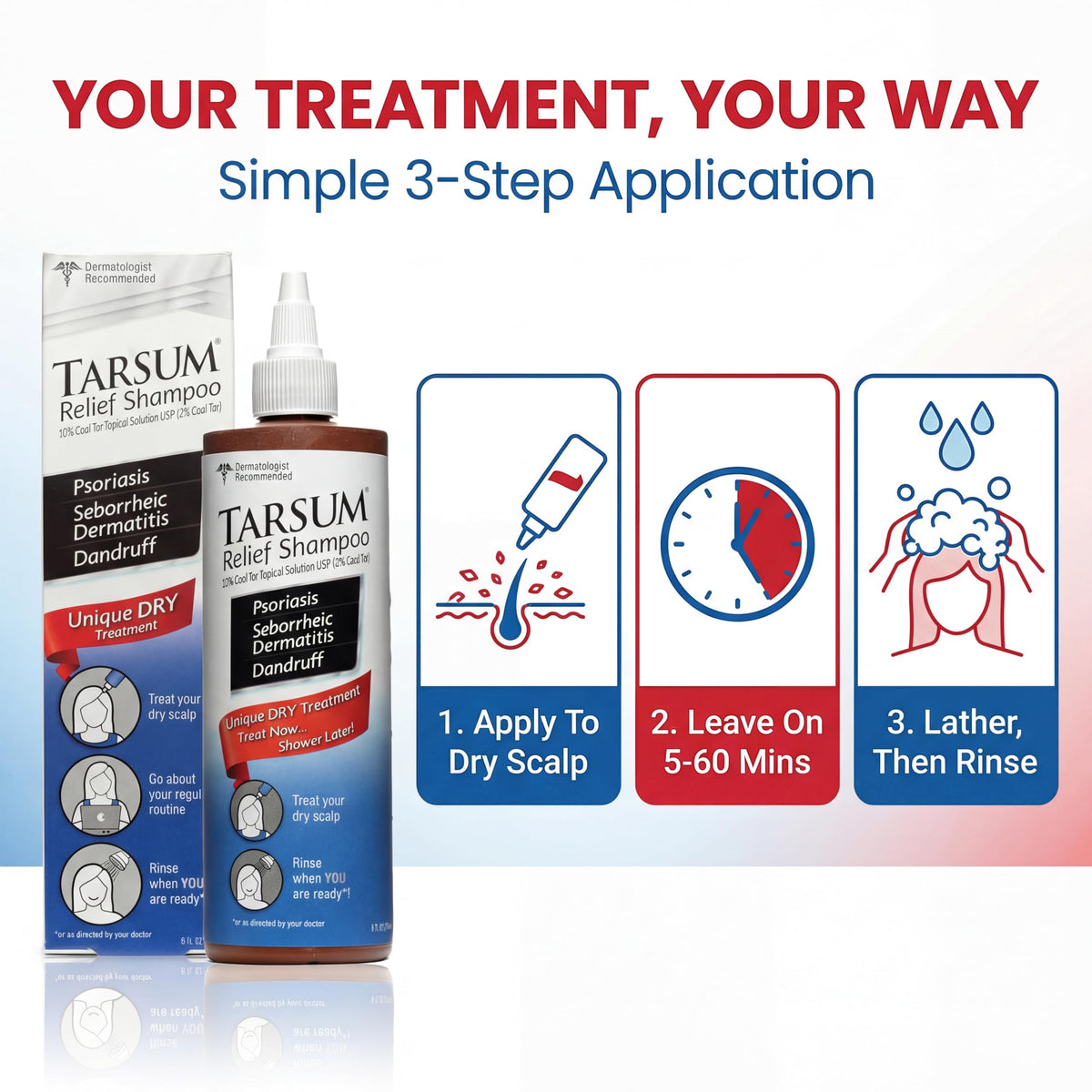 Tarsum used before shower showing a leave-in step to exfoliate flakes effectively