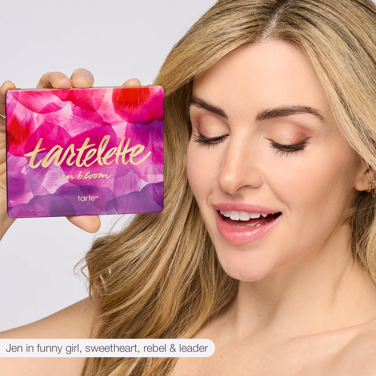 tarte palette applied on model demonstrating crease definition and evening glow