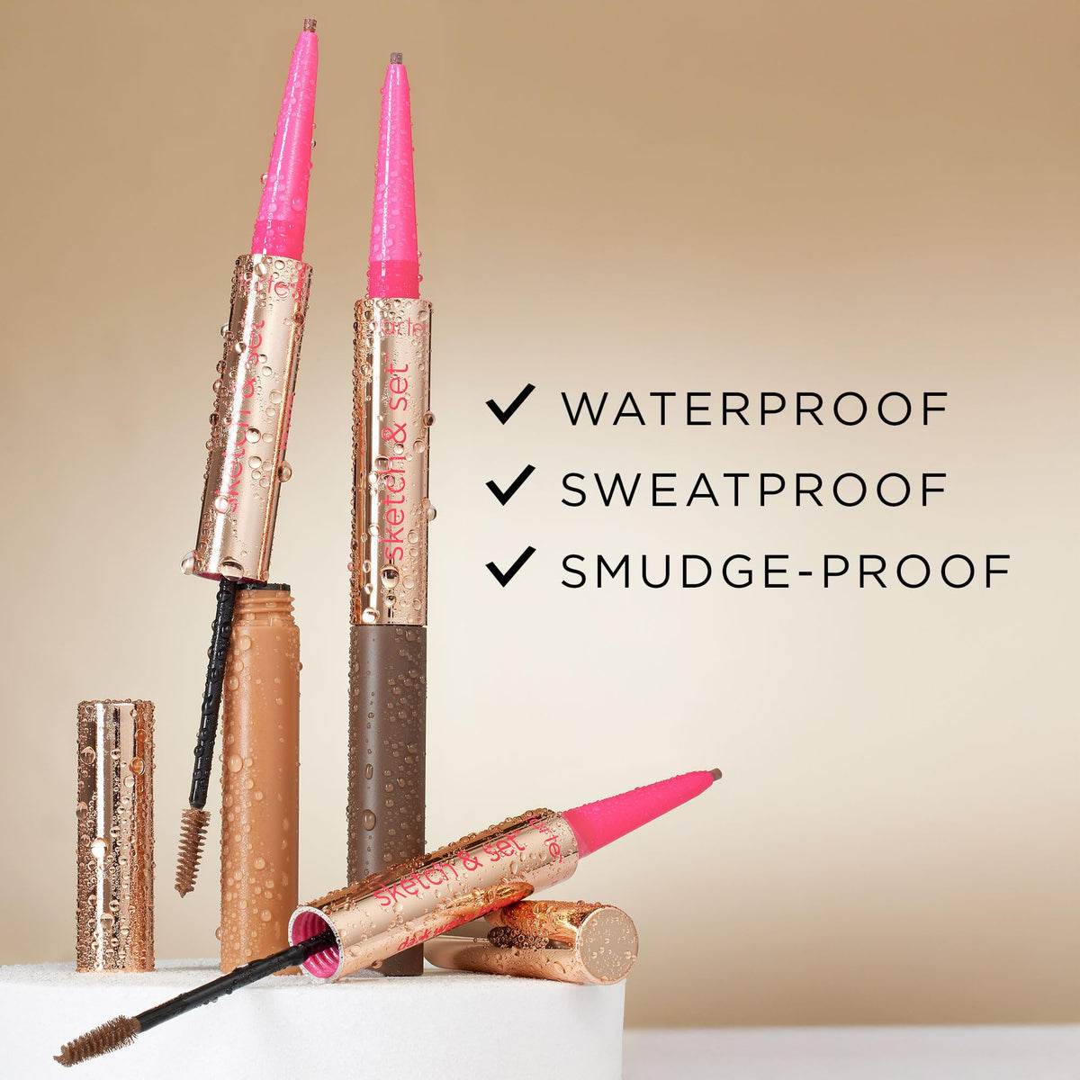 tarte in-hand size scale showing compact design for travel-friendly brow touchups