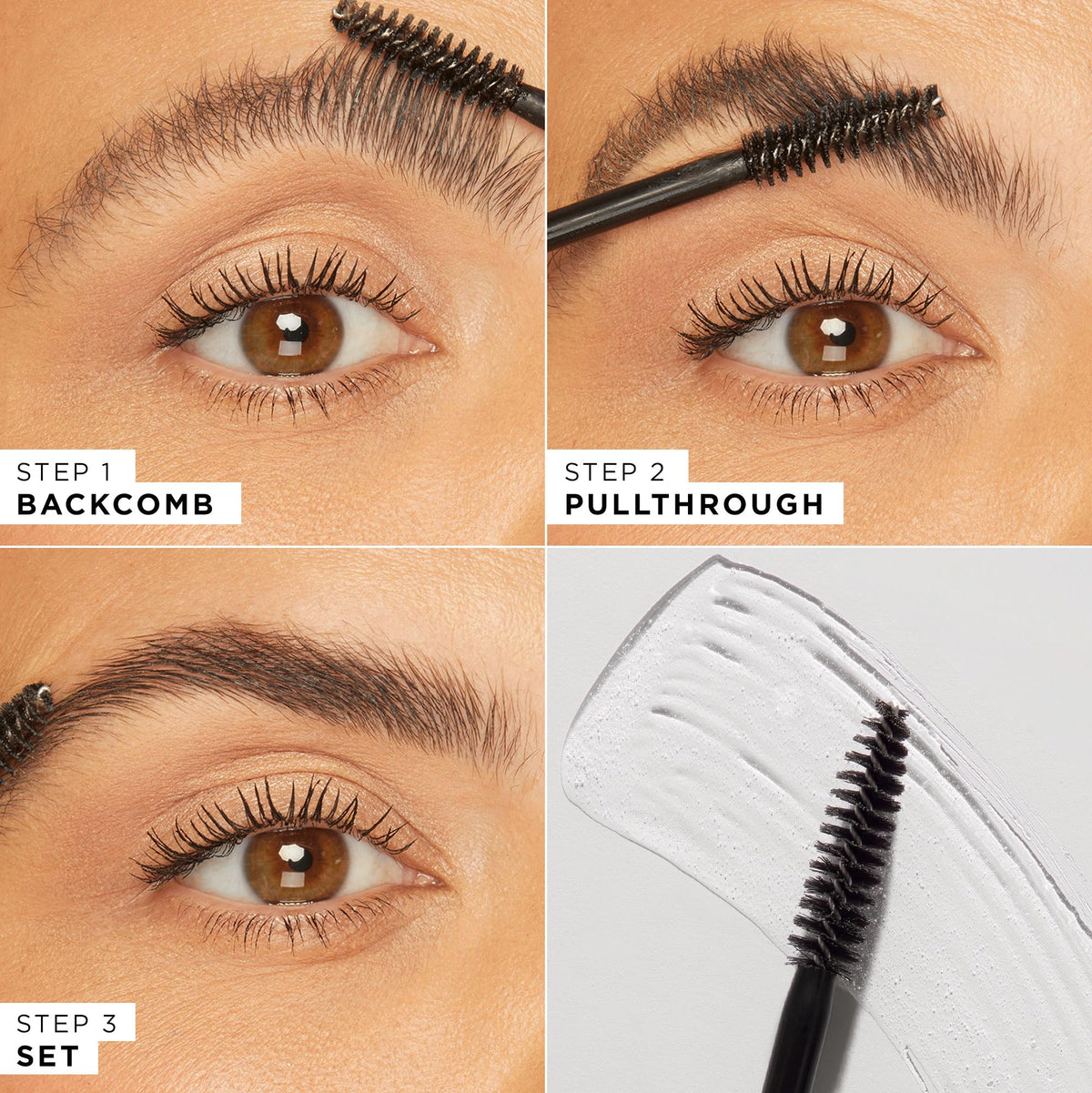 tarte brow gel application on model lifting hairs for laminated effect