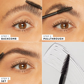 tarte brow gel application on model lifting hairs for laminated effect