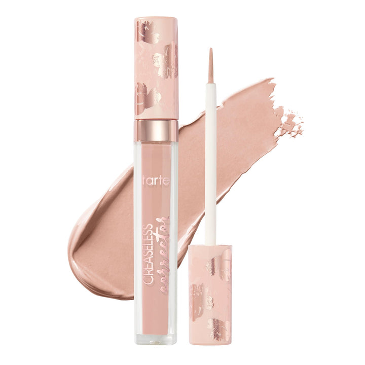 tarte creaseless corrector front packaging showing peachy pink shade and compact tube, brightening benefit