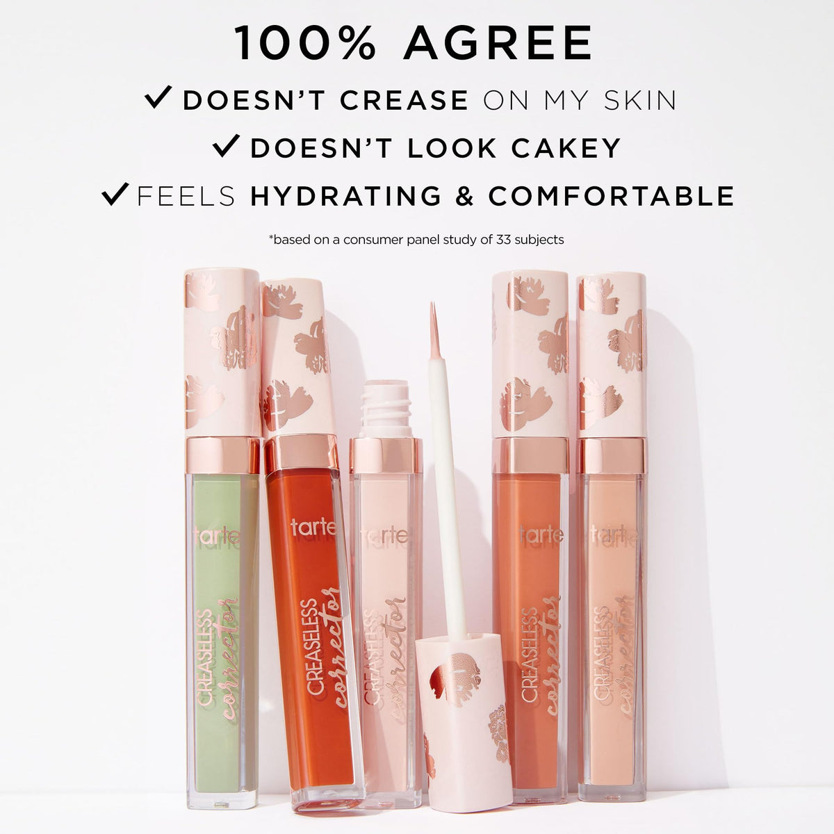model applying tarte creaseless corrector under eye to neutralize dark circles and brighten appearance