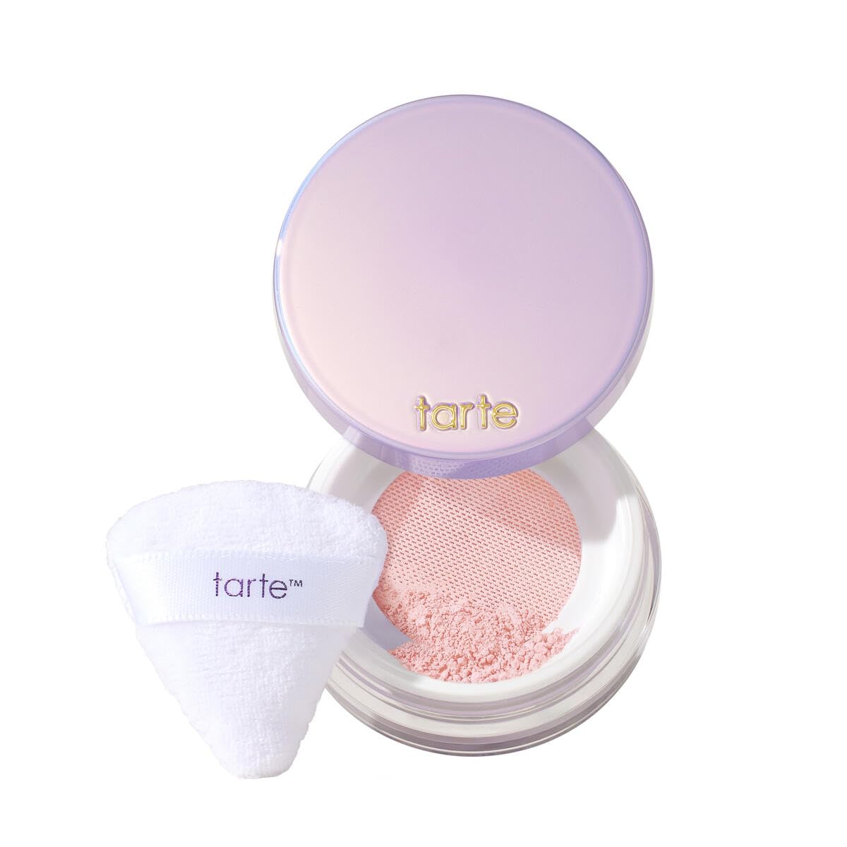 tarte powder front view shows compact travel size and clear branding for convenience