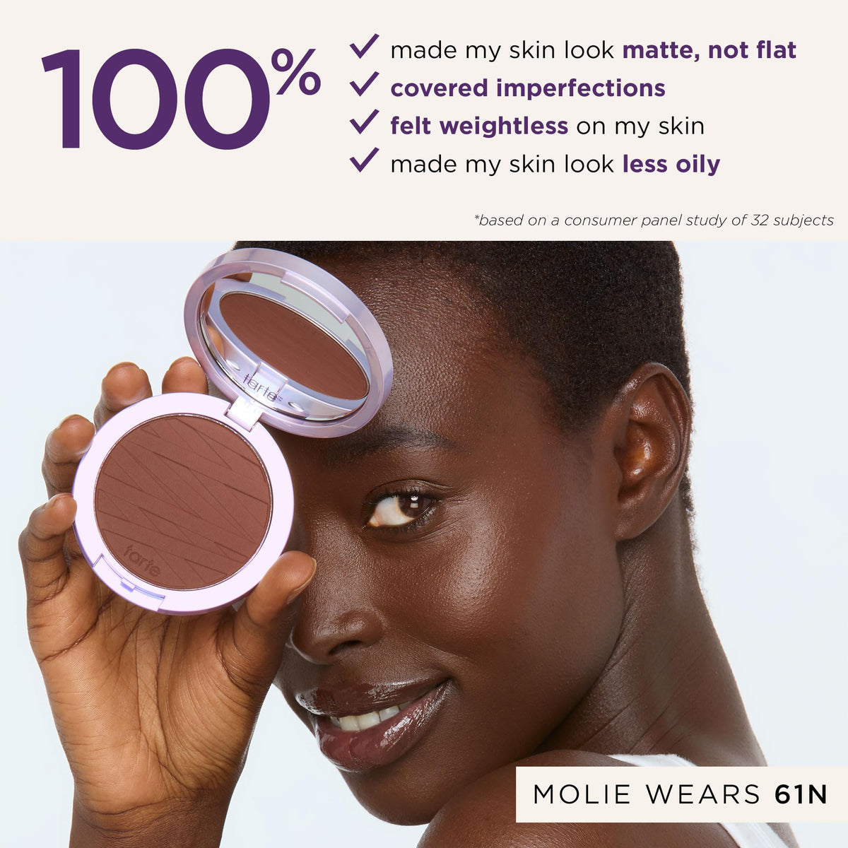 tarte powder swatched on skin showing medium neutral coverage
