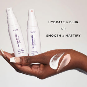 tarte primer on bathroom vanity styled for morning routine and effortless prep