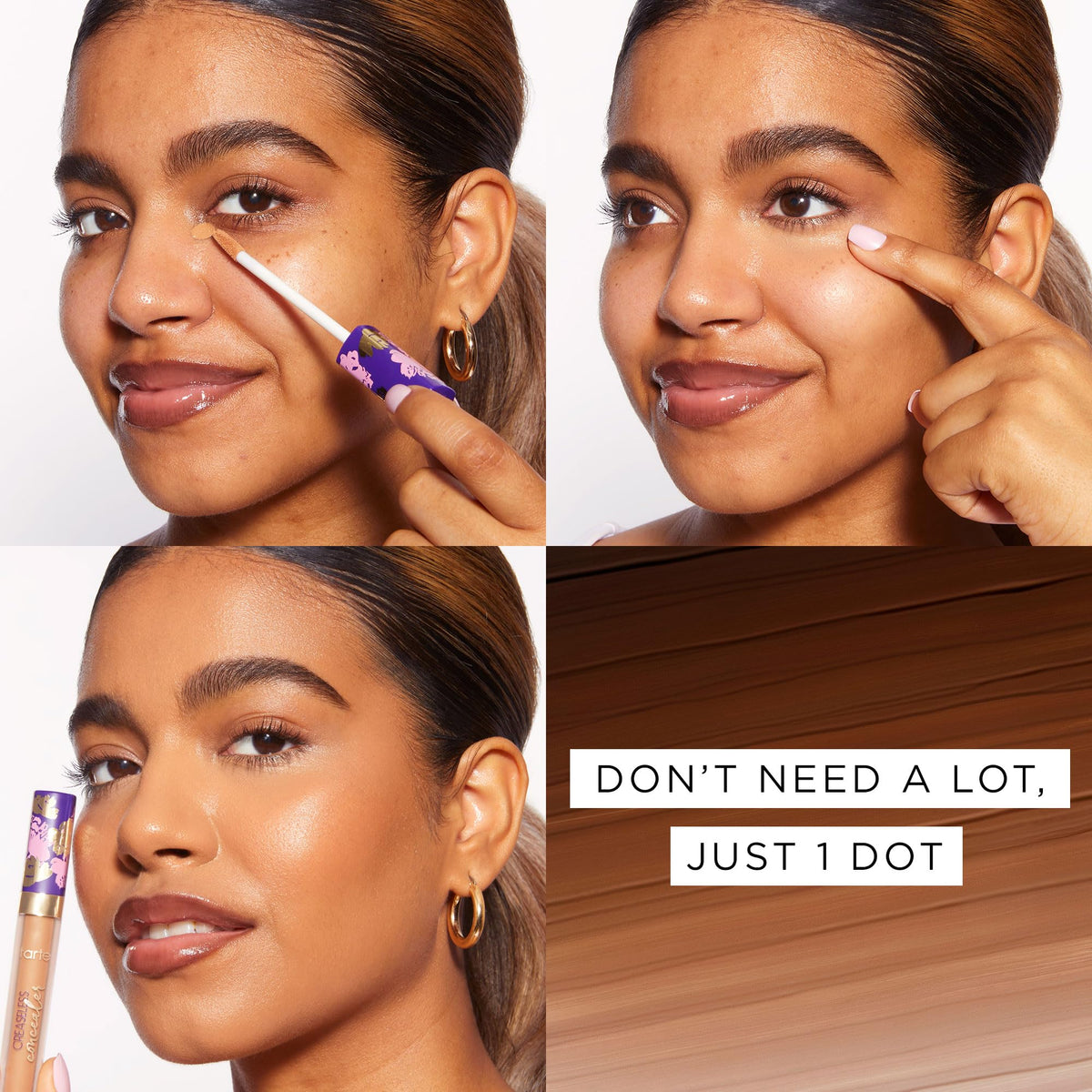 tarte applied under-eye demonstrating crease-proof coverage and hydrated look benefit