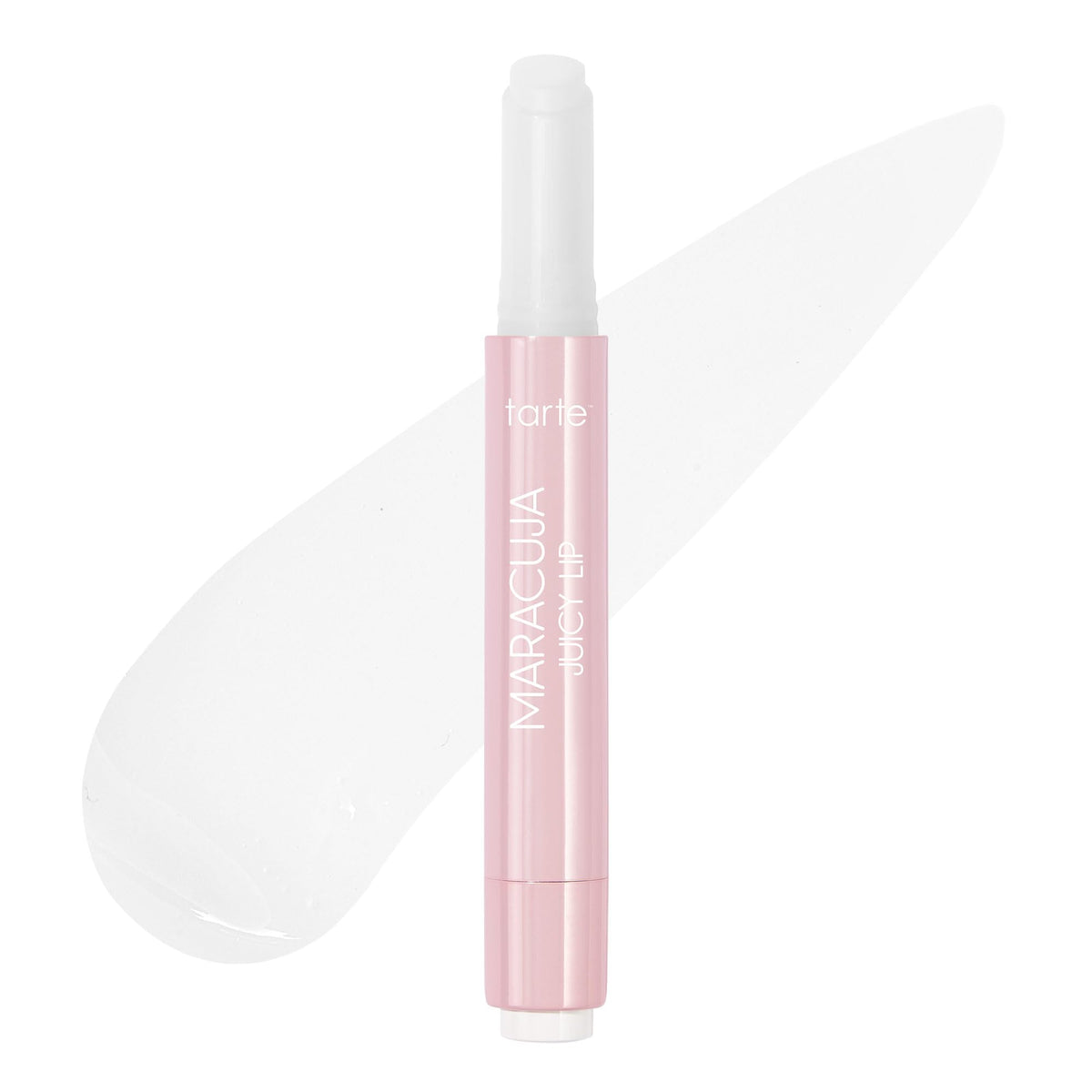 tarte lip balm front packaging showing clear glossy tube and branding benefit of travel-ready shine