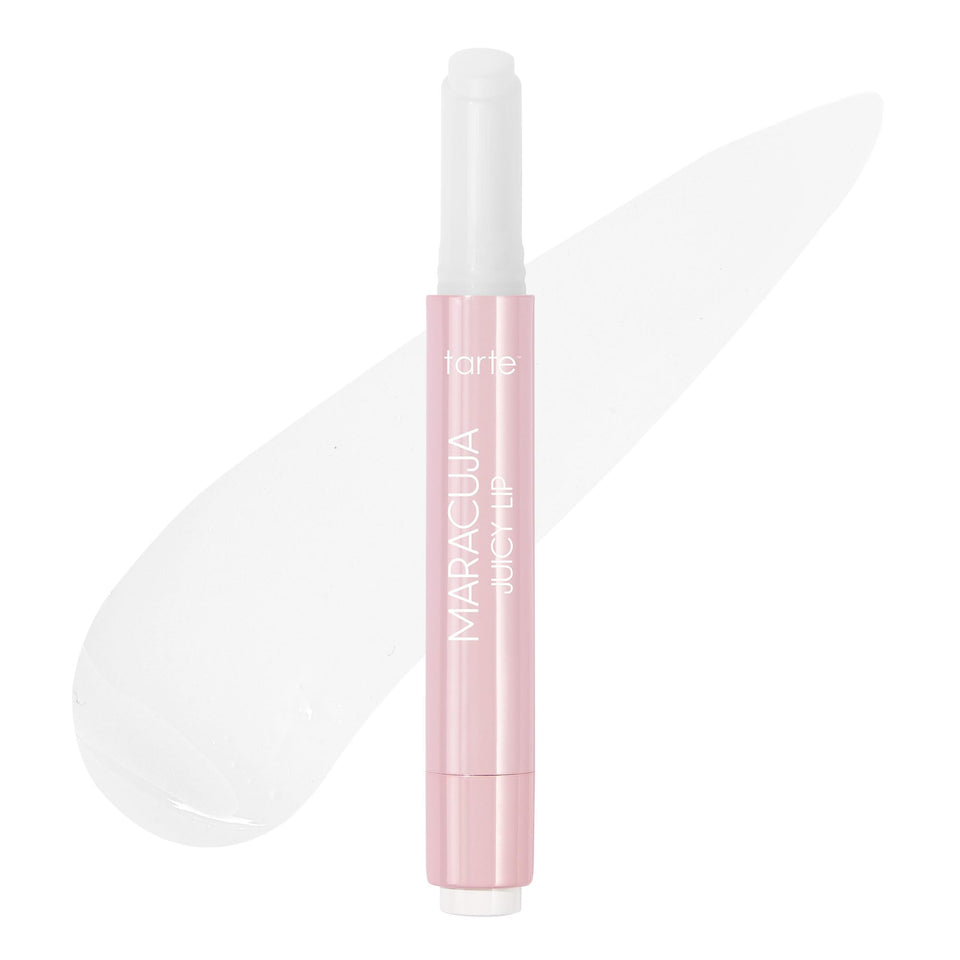 tarte lip balm front packaging showing clear glossy tube and branding benefit of travel-ready shine